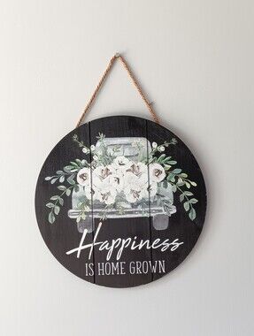 Happiness Is Homegrown Wood Hanging Wall Decor Truck Flowers Grey Black White